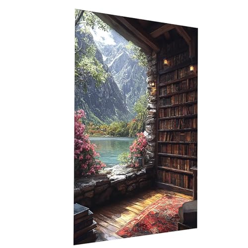 Malen Nach Zahlen Erwachsene Bücherregal Malen Nach Zahlen Kinder Berg, DIY Set Erwachsene Paint by Numbers, Farbe Leinwand Zum Bemalen 135x100CM für Deko Wohnzimmer Geschenke für Frauen Model-03824 von XELIETOO