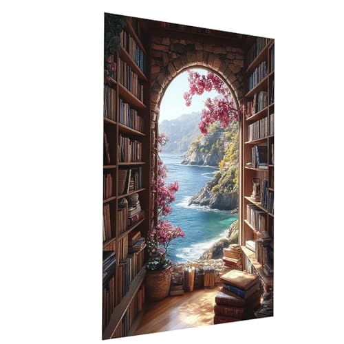 Malen Nach Zahlen Erwachsene Bücherregal Malen Nach Zahlen Kinder Meerblick, DIY Set Erwachsene Paint by Numbers, Farbe Leinwand Zum Bemalen 40x30 cm für Zimmer Deko Geschenke für Frauen Model-03944 von XELIETOO