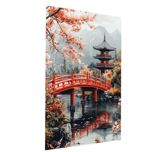 Malen Nach Zahlen Erwachsene Holzbrücke Malen Nach Zahlen Kinder Japanische Architektur, DIY Set Erwachsene Paint by Numbers, Farbe Leinwand Zum Bemalen 50 x 35cm für Zimmer Deko Geschenke Model-04053 von XELIETOO