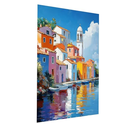 Malen Nach Zahlen Erwachsene Kleine Stadt Malen Nach Zahlen Basteln Erwachsene Landschaft mit Acrylfarben Set Pinselset und Leinwand zum Bemalen 30x40cm, Leinwand Bilder für Deko Wohnzimmer Model02027 von XELIETOO