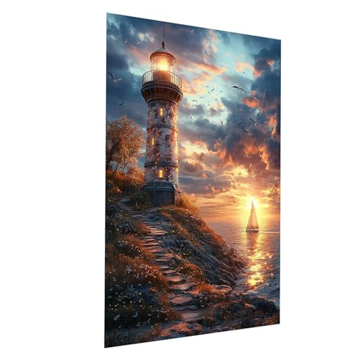 Malen Nach Zahlen Erwachsene Leuchtturm Malen Nach Zahlen Kinder Segelboot, DIY Set Erwachsene Paint by Numbers, Farbe Leinwand Zum Bemalen 55x40 CM für Deko Wohnzimmer Geschenke für Frauen Model03874 von XELIETOO