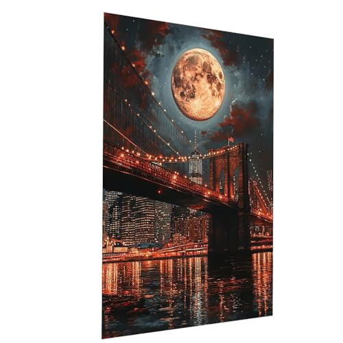 Malen Nach Zahlen Erwachsene Mond Malen Nach Zahlen Kinder Brooklyn Bridge, DIY Set Erwachsene Paint by Numbers, Farbe Leinwand Zum Bemalen 80x60 CM für Deko Wohnzimmer Geschenke für Frauen Model03444 von XELIETOO