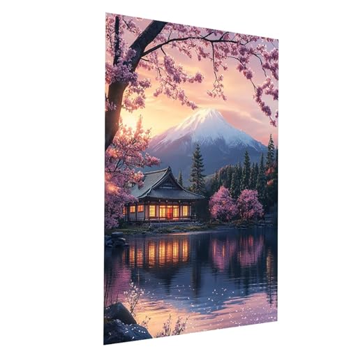 Malen Nach Zahlen Erwachsene Vulkan Fuji Malen Nach Zahlen Basteln Erwachsene Kirschblüten mit Acrylfarben Set Pinselset und Leinwand zum Bemalen 30x40 CM, Leinwand Bilder für Zimmer Deko Model-03593 von XELIETOO