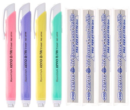 Xeno Tri-II Retractable Click Eraser Bundle with Refill, Assorted Colors by Xeno von XENO