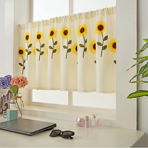 XFAK Sonnenblume Scheibengardine Stickerei Vorhänge Küchenvorhang Landhaus Bistrogardine Halbtransparent Kurzgardine Frühjahr/Sommer, Grün/orange, 40-300cm (Color : Sunflower, Size : W90CMxH45CM) von XFAK