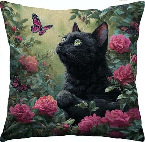 Kreuzstich-Kissenbezug Stickpackungen Stickerei Set Anfänger Vorgedruckt Schmetterling und Katze DIY Set Kreativ Set Für Erwachsene Dekoratives Kissenbezug 45x 45 cm Bastelset Haus Dekoration von XFENDOUDOU