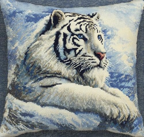 Kreuzstich-Kissenbezug Stickpackungen Stickerei Set Anfänger Vorgedruckt Weißer Tiger im Schnee DIY Set Kreativ Set Für Erwachsene Dekoratives Kissenbezug 45x 45 cm Bastelset Haus Dekoration von XFENDOUDOU
