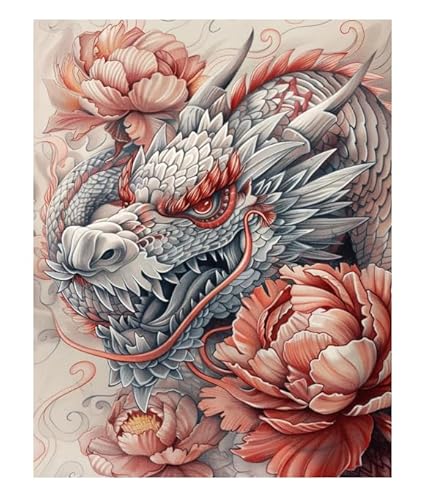 XFENDOUDOU Gestempelte Kreuzstich-Sets，11CT,DIY Cross Stitch Stickpackung Drache und Blumen Vorlagen Stickerei Set Vorgedruckt oder Zählmuster (Vorgedruckt) 40x50cm von XFENDOUDOU