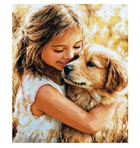 XFENDOUDOU Gestempelte Kreuzstich-Sets，11CT,DIY Cross Stitch Stickpackung Mädchen und Hund Vorlagen Stickerei Set Vorgedruckt oder Zählmuster (Vorgedruckt) 40x50cm von XFENDOUDOU