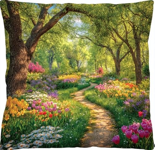 XFENDOUDOU Kreuzstich Kissen Set Vorgedruckt Stickset DIY Frühlingsgarten Gebastelt Kissenbezug ohne Kissenkern für Anfänger Erwachsene 45x45cm Bastelset Haus Dekoration von XFENDOUDOU