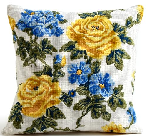 XFENDOUDOU Kreuzstich Kissen Set Vorgedruckt Stickset DIY Schöne Blumen Gebastelt Kissenbezug ohne Kissenkern für Anfänger Erwachsene 45x45cm Bastelset Haus Dekoration von XFENDOUDOU