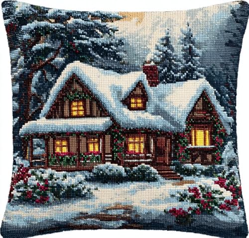 XFENDOUDOU Kreuzstich Kissen Set Vorgedruckt Stickset DIY Warmes Holzhaus Gebastelt Kissenbezug ohne Kissenkern für Anfänger Erwachsene 45x45cm Bastelset Haus Dekoration von XFENDOUDOU