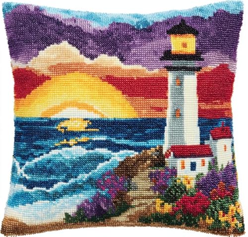 XFENDOUDOU Kreuzstich-Kissenbezug Set Vorgedruckt Leuchtturmschönheit Kreuzstichk Zum Dekorieren 45X45cm Stickkissen Zum Selbersticken Kreuzstich Set Bastelset Haus Dekoration von XFENDOUDOU