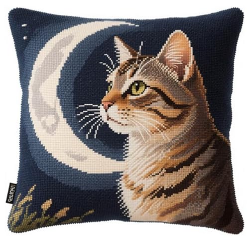 XFENDOUDOU Kreuzstich-Kissenbezug Set Vorgedruckt Mondkatze Kreuzstichk Zum Dekorieren 45X45cm Stickkissen Zum Selbersticken Kreuzstich Set Bastelset Haus Dekoration von XFENDOUDOU
