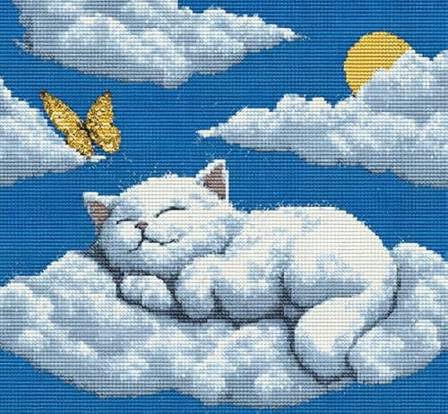 XFENDOUDOU Kreuzstich-Kissenbezug Set Vorgedruckt Schlafende Katze Kreuzstichk Zum Dekorieren 45X45cm Stickkissen Zum Selbersticken Kreuzstich Set Bastelset Haus Dekoration von XFENDOUDOU