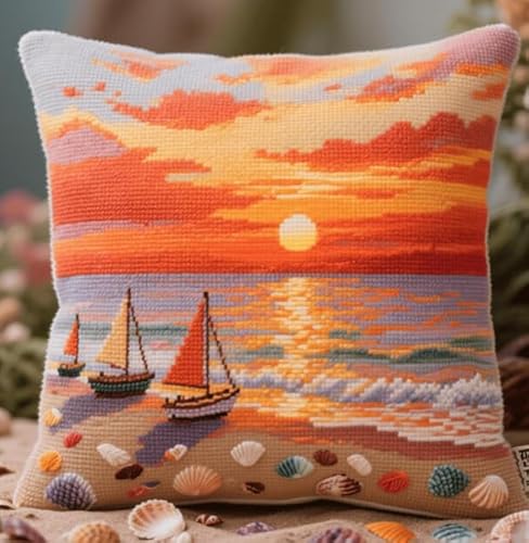 XFENDOUDOU Kreuzstich-Kissenbezug Set Vorgedruckt Segelboot bei Sonnenuntergang Kreuzstichk Zum Dekorieren 45X45cm Stickkissen Zum Selbersticken Kreuzstich Set Bastelset Haus Dekoration von XFENDOUDOU