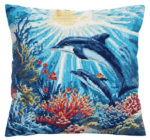 XFENDOUDOU Kreuzstich-Kissenbezug Set Vorgedruckt Tierischer Delfin Kreuzstichk Zum Dekorieren 45X45cm Stickkissen Zum Selbersticken Kreuzstich Set Bastelset Haus Dekoration von XFENDOUDOU