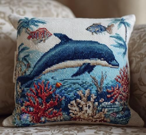XFENDOUDOU Kreuzstich-Kissenbezug Set Vorgedruckt Tierischer Delfin Kreuzstichk Zum Dekorieren 45X45cm Stickkissen Zum Selbersticken Kreuzstich Set Bastelset Haus Dekoration von XFENDOUDOU