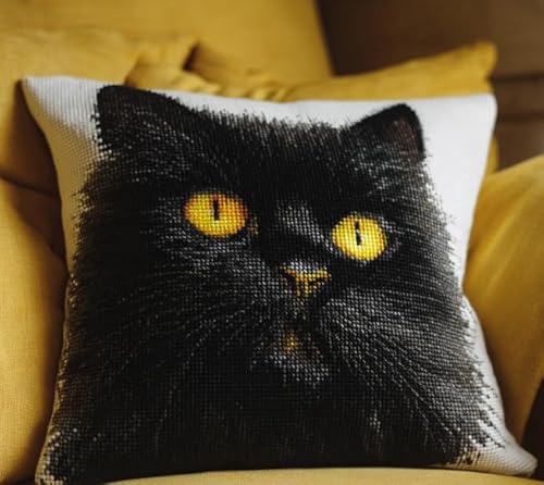 XFENDOUDOU Kreuzstich-Kissenbezug Set Vorgedruckt schwarze Katze Tier Kreuzstichk Zum Dekorieren 45X45cm Stickkissen Zum Selbersticken Kreuzstich Set Bastelset Haus Dekoration von XFENDOUDOU