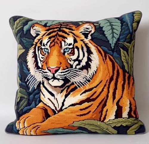 XFENDOUDOU Kreuzstich-Kissenbezug Stickpackungen Stickerei Set Anfänger Vorgedruckt Tiger DIY Set Kreativ Set Für Erwachsene Dekoratives Kissenbezug 45x 45 cm Bastelset Haus Dekoration von XFENDOUDOU