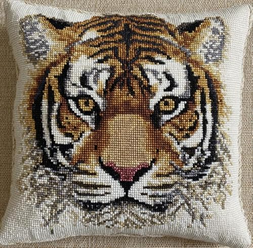 XFENDOUDOU Kreuzstich-Kissenbezug Stickpackungen Stickerei Set Anfänger Vorgedruckt Tigermuster DIY Set Kreativ Set Für Erwachsene Dekoratives Kissenbezug 45x 45 cm Bastelset Haus Dekoration von XFENDOUDOU
