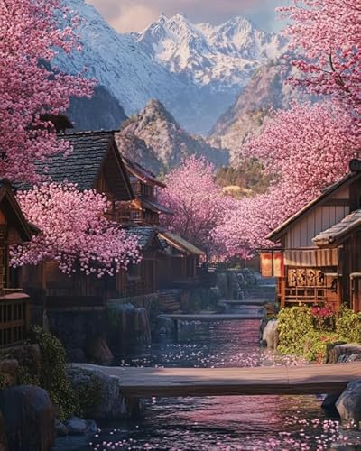 XFENDOUDOU Kreuzstich Set Vorgedruckt Sakura-Dorf 11 CT Kreuzstich Stickpackungen,Stickbilder Vorgedruckt Kreuzstich für Wandkunst-Heimdekoration 40x50cm von XFENDOUDOU