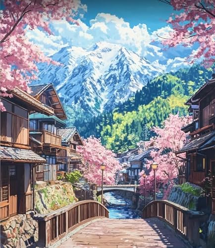 XFENDOUDOU Kreuzstich Set Vorgedruckt Sakura-Dorf 11 CT Kreuzstich Stickpackungen,Stickbilder Vorgedruckt Kreuzstich für Wandkunst-Heimdekoration 40x50cm von XFENDOUDOU