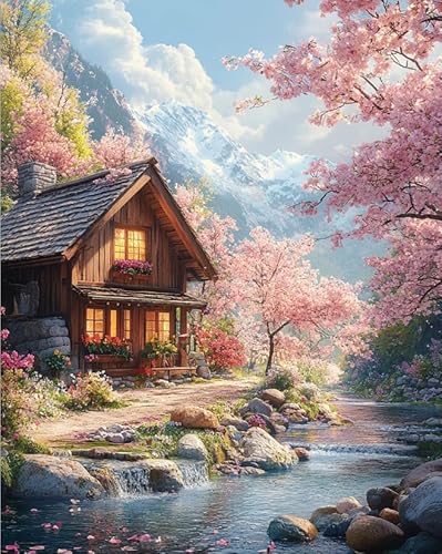 XFENDOUDOU Kreuzstich Set Vorgedruckt Sakura-Haus 11 CT Kreuzstich Stickpackungen,Stickbilder Vorgedruckt Kreuzstich für Wandkunst-Heimdekoration 40x50cm von XFENDOUDOU