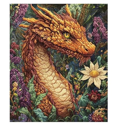 XFENDOUDOU Kreuzstich Stickpackungen Drache und Blume 11 CT Kreuzstich Stickpackungen,Stickbilder Vorgedruckt Kreuzstich für Wandkunst-Heimdekoration 40x50cm von XFENDOUDOU