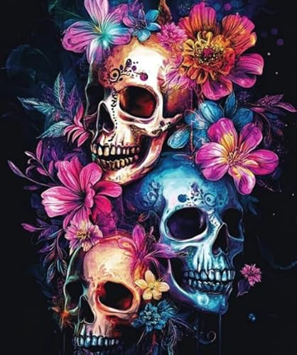 XFENDOUDOU Kreuzstich Stickpackungen Fantasie-Totenkopf und bunte Blumen Vorlagen Stickerei Set Vorgedruckt oder Zählmuster (Vorgedruckt) 40x50cm von XFENDOUDOU