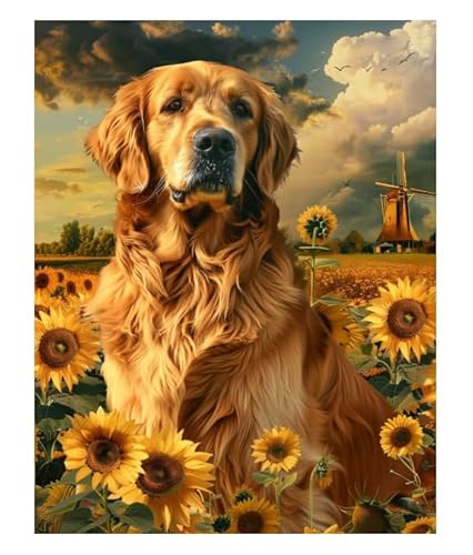 XFENDOUDOU Kreuzstich Stickpackungen Golden Retriever auf dem Bauernhof 11 CT Kreuzstich Stickpackungen,Stickbilder Vorgedruckt Kreuzstich für Wandkunst-Heimdekoration 40x50cm von XFENDOUDOU