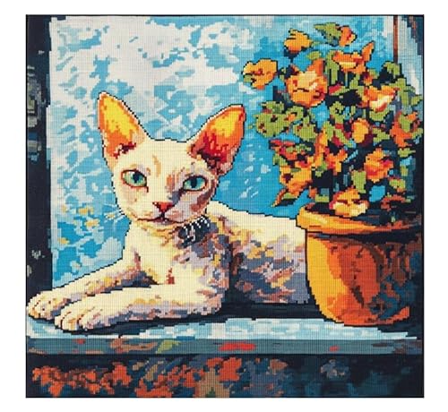 XFENDOUDOU Kreuzstich Stickpackungen Katze auf der Fensterbank Vorlagen Stickerei Set Vorgedruckt oder Zählmuster (Vorgedruckt) 40x50cm von XFENDOUDOU