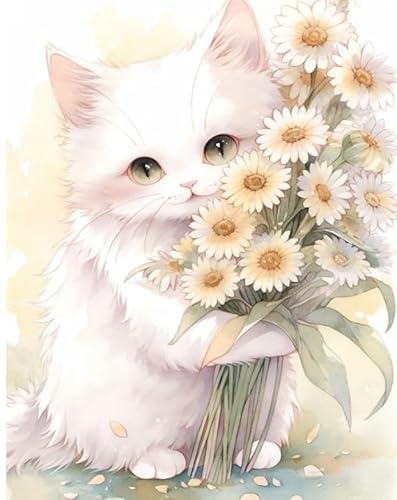 XFENDOUDOU Kreuzstich Stickpackungen Katze hält einen schönen Blumenstrauß Vorlagen Stickerei Set Vorgedruckt oder Zählmuster (Vorgedruckt) 40x50cm von XFENDOUDOU