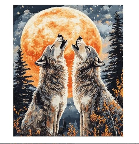XFENDOUDOU Kreuzstich Stickpackungen Moon Wolf Handarbeiten Vorgedruckter Stickerei-Starter-Kit für Anfänger(40x50cm) von XFENDOUDOU