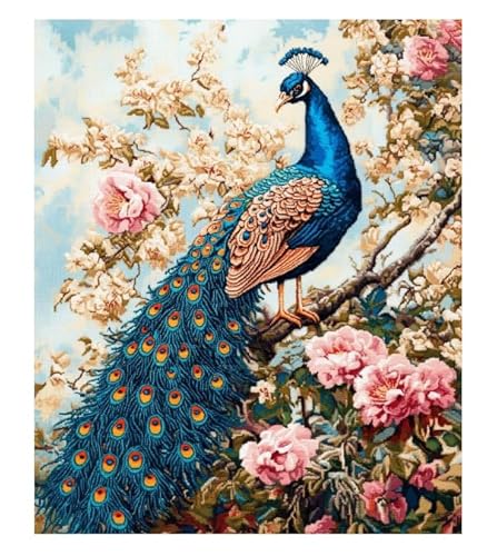 XFENDOUDOU Kreuzstich Stickpackungen Pfau und Blumen 11CT Erwachsene Sticken Set,DIY Stickbilder Vorgedruckt Kreuzstich für Anfänger Home Decor （40x50cm ） von XFENDOUDOU