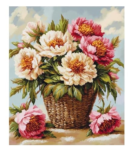 XFENDOUDOU Kreuzstich Stickpackungen Pfingstrosenblumenkorb Handarbeiten Vorgedruckter Stickerei-Starter-Kit für Anfänger(40x50cm) von XFENDOUDOU