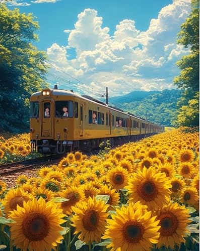 XFENDOUDOU Kreuzstich Stickpackungen Sonnenblumen auf der Eisenbahn 11CT Cross Stitch Stamped Kit DIY Anfänger Erwachsene Embroidery Kunst Handwerk Handarbeit Kits（40 * 50cm） von XFENDOUDOU