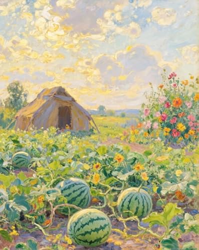XFENDOUDOU Kreuzstich Stickpackungen Wassermelonengarten Vorlagen Stickerei Set Vorgedruckt oder Zählmuster (Vorgedruckt) 40x50cm von XFENDOUDOU