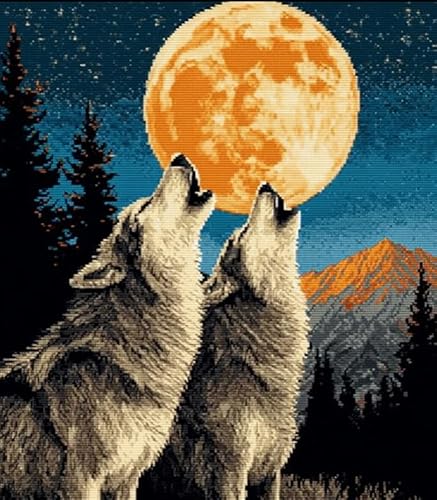 XFENDOUDOU Kreuzstich Stickpackungen Wolf und Mond Handarbeiten Vorgedruckter Stickerei-Starter-Kit für Anfänger(40x50cm) von XFENDOUDOU