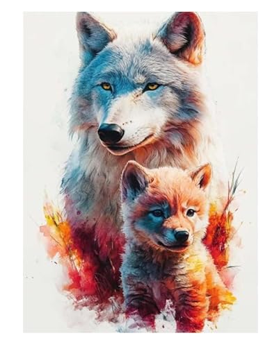 XFENDOUDOU Kreuzstich Stickpackungen Wolfsmutter und Junge Handarbeiten Vorgedruckter Stickerei-Starter-Kit für Anfänger(40x50cm) von XFENDOUDOU