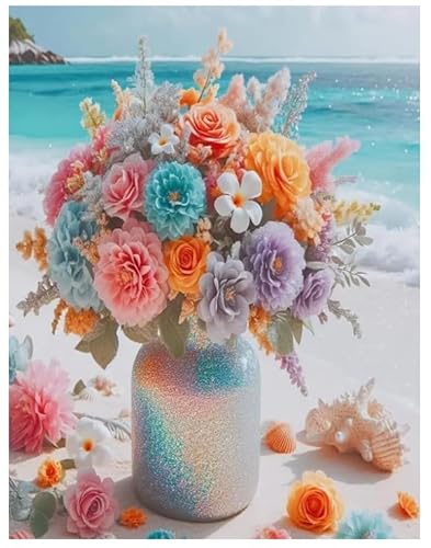 XFENDOUDOU Kreuzstich set vorgedruckt anfänger Blumen am Meer Stickbilder Vorgedruckt Kreuzstich für Wandkunst-Heimdekoration 16x20inch von XFENDOUDOU