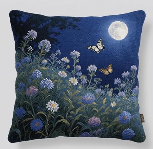 XFENDOUDOU Kreuzstichkissen Blumen unter dem Mond Kreuzstickpackung vorgedruckt Sticksets Für Erwachsene,Anfänger,45x45cm Stickkissen-Set Bastelset Haus Dekoration von XFENDOUDOU