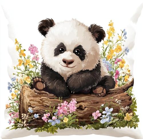 XFENDOUDOU Kreuzstichkissen Blumenpanda Kreuzstickpackung vorgedruckt Sticksets Für Erwachsene,Anfänger,45x45cm Stickkissen-Set Bastelset Haus Dekoration von XFENDOUDOU