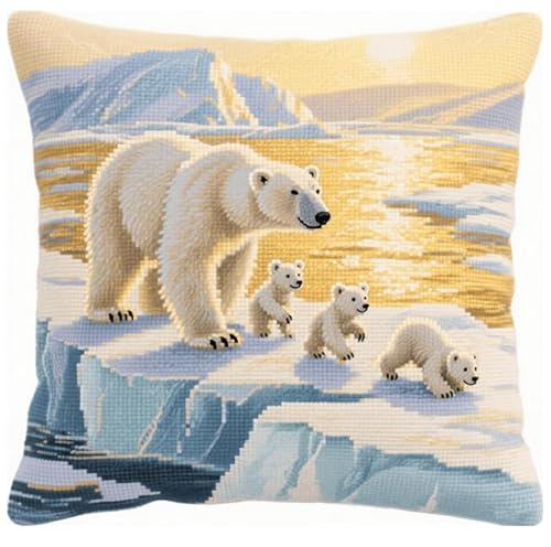 XFENDOUDOU Kreuzstichkissen Eisbärenmutter und Jungtier Kreuzstickpackung vorgedruckt Sticksets Für Erwachsene,Anfänger,45x45cm Stickkissen-Set Bastelset Haus Dekoration von XFENDOUDOU