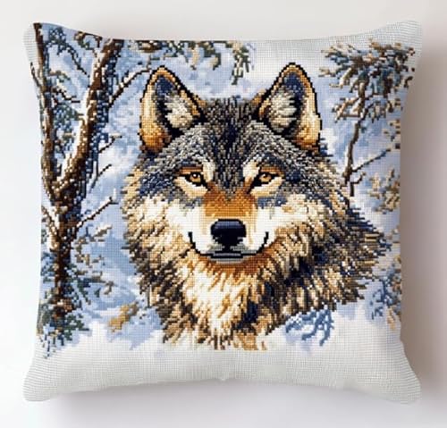 XFENDOUDOU Kreuzstichkissen Schneewolf Kreuzstickpackung vorgedruckt Sticksets Für Erwachsene,Anfänger,45x45cm Stickkissen-Set Bastelset Haus Dekoration von XFENDOUDOU