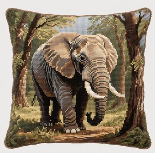 XFENDOUDOU Kreuzstichkissen Tierischer süßer Elefant Kreuzstickpackung vorgedruckt Sticksets Für Erwachsene,Anfänger,45x45cm Stickkissen-Set Bastelset Haus Dekoration von XFENDOUDOU