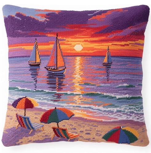XFENDOUDOU Kreuzstichkissen Wunderschöner Sonnenuntergang Kreuzstickpackung vorgedruckt Sticksets Für Erwachsene,Anfänger,45x45cm Stickkissen-Set Bastelset Haus Dekoration von XFENDOUDOU