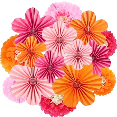 XFSRG 15 Stück Papierblumen Set Hängedeko, 3D Fächerblumen in Rot Rosa Orange, Hochzeit Party Geburtstags Deko, Festliche Wanddekoration für Zuhause und Veranstaltungen von XFSRG