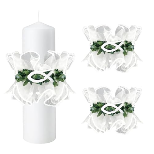 XFSRG 2 Stück Tropfschutz Kommunionkerze Kerzenkranz Taufkerzen Buchskranz mit Weiß Taufe Fisch Deko Kerzenrock für Taufkerze Hochzeitkerze(#3) von XFSRG