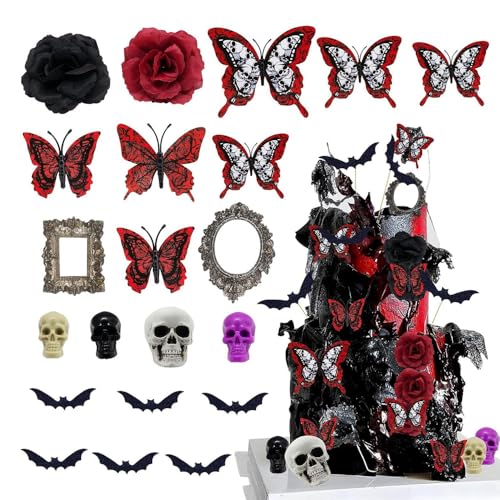 XFSRG 37 Stück Totenkopf Deko Tortendeko Set Gotisch Halloween Kuchen Topper Butterfly Batman Decorations für Party von XFSRG
